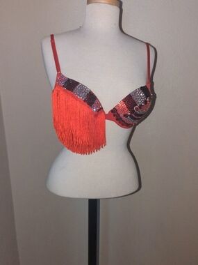 Fringe Rhinestoned Push-Up Bra in Red